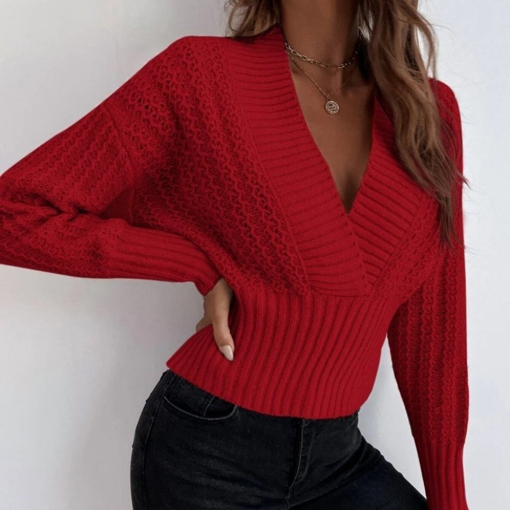 red v-neck textured knit sweater trending fall winter casual - Picture 5 of 7